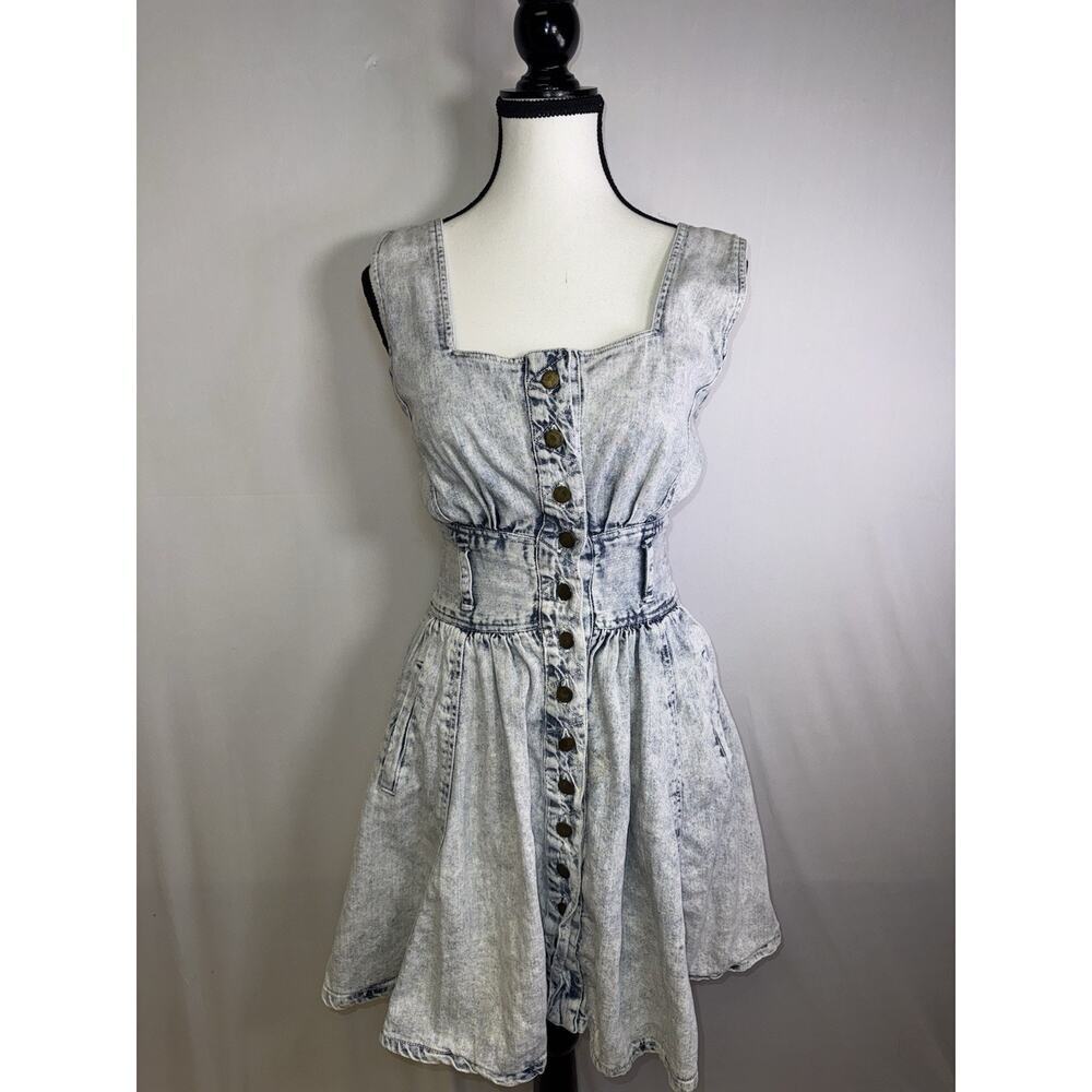 Vintage 90s Acid Wash Denim Dress Button Front Sleeveless Fit Flare Women’s‎ 5